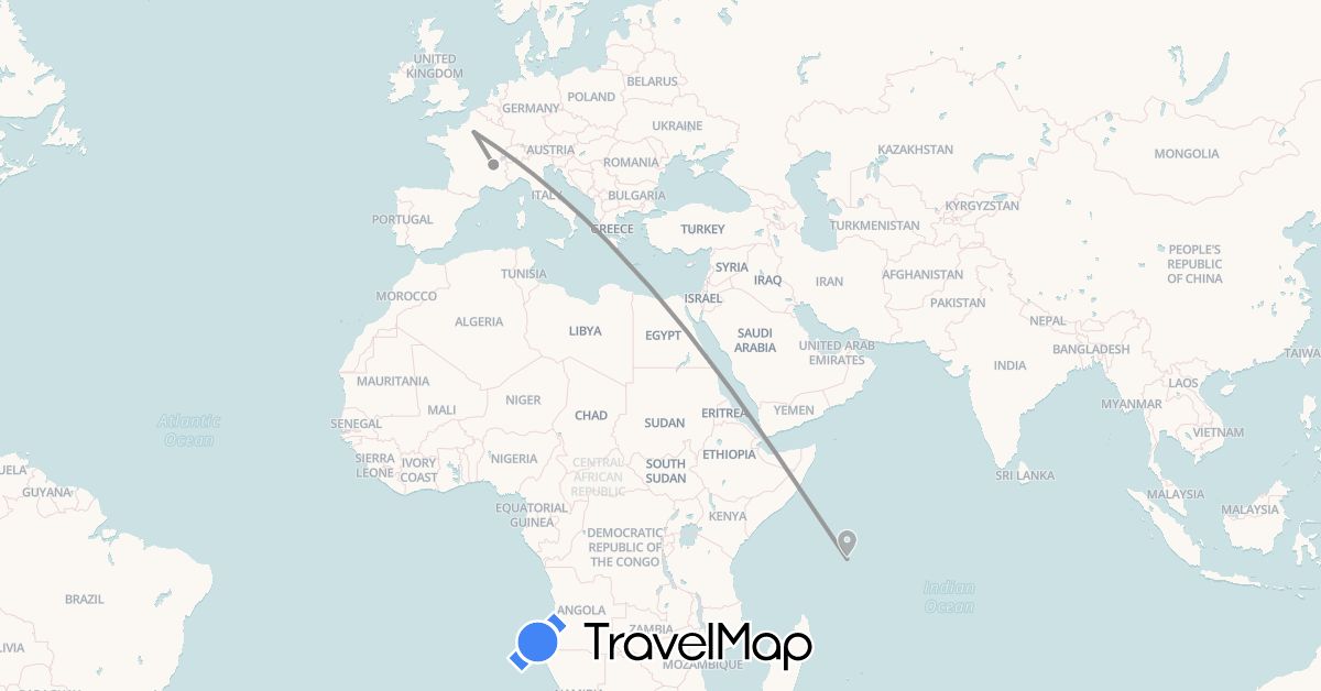 TravelMap itinerary: driving, plane in France, Seychelles (Africa, Europe)